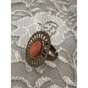 Vintage Estate Filigree Costume Statement Adjustable Ring Faux Coral Gold Tone